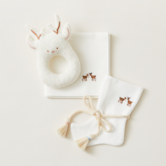 [선물세트] 사슴 딸랑이 &amp; 가제수건 &amp; 자수 아기 버선_Organic Cotton ver.
